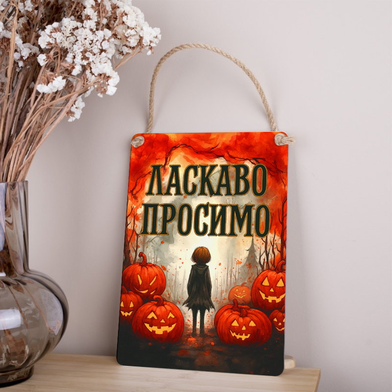 деревянная табличка-постер 30х21см "Добро пожаловать" черная с тыквами на Хэллоуин